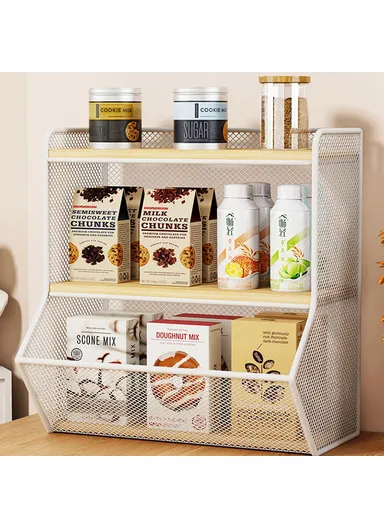 Desktop Storage Basket for Kitchen Countertop, Iron Frame Wooden Board Dining Table Tea Cup Holder Shelf, Single Grid - White+Wood Color