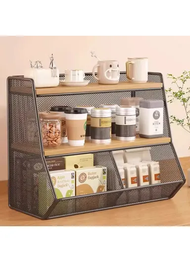 Desktop Storage Basket for Kitchen Countertop Iron Frame Wooden Board Dining Table Tea, Cup Holder Shelf, Double Grid - Black+Wood Color