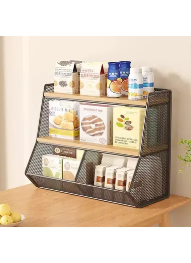 Desktop Storage Basket for Kitchen Countertop Iron Frame Wooden Board Dining Table Tea, Cup Holder Shelf, Double Grid - Black+Wood Color