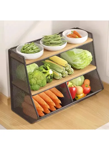 Desktop Storage Basket for Kitchen Countertop Iron Frame Wooden Board Dining Table Tea, Cup Holder Shelf, Double Grid - Black+Wood Color