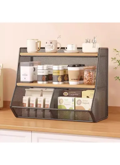 Desktop Storage Basket for Kitchen Countertop Iron Frame Wooden Board Dining Table Tea, Cup Holder Shelf, Double Grid - Black+Wood Color