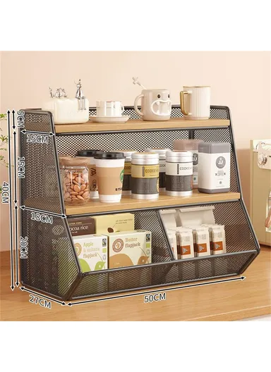 Desktop Storage Basket for Kitchen Countertop Iron Frame Wooden Board Dining Table Tea, Cup Holder Shelf, Double Grid - Black+Wood Color