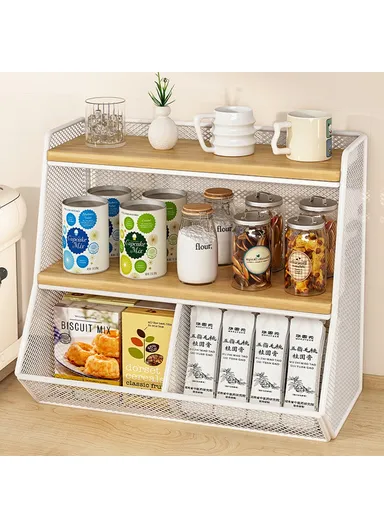 Desktop Storage Basket for Kitchen Countertop Iron Frame Wooden Board Dining Table Tea Cup Holder Shelf, Double Grid - White+Wood Color