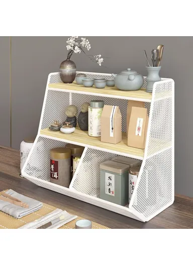 Desktop Storage Basket for Kitchen Countertop Iron Frame Wooden Board Dining Table Tea Cup Holder Shelf, Double Grid - White+Wood Color