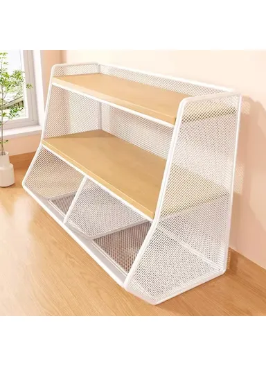 Desktop Storage Basket for Kitchen Countertop Iron Frame Wooden Board Dining Table Tea Cup Holder Shelf, Double Grid - White+Wood Color