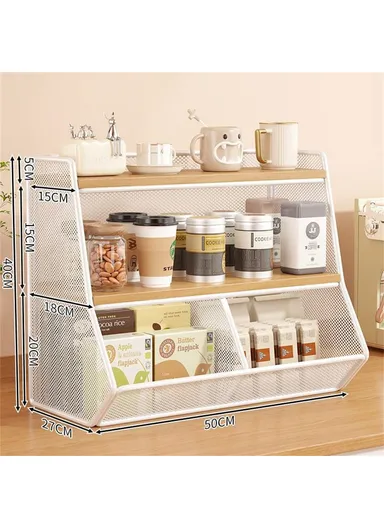 Desktop Storage Basket for Kitchen Countertop Iron Frame Wooden Board Dining Table Tea Cup Holder Shelf, Double Grid - White+Wood Color