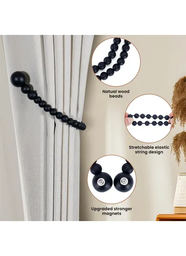 Magnetic Curtain Tiebacks No Drill Decorative Wood Holdbacks Window Treatment Accessories - Grey