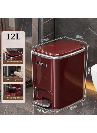 12L Electroplated Trash Can with Lid Plastic Foot Pedal Waste Bin for Bedroom, Kitchen, Office - Wine Red