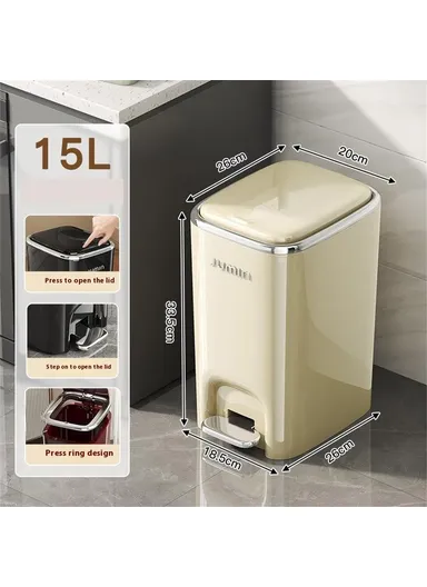 15L Electroplated Trash Can with Lid Plastic Foot Pedal Waste Bin for Bedroom, Kitchen, Office - Cream White