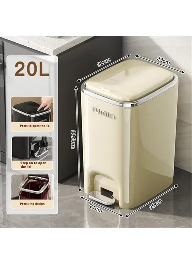 20L Electroplated Trash Can with Lid Plastic Foot Pedal Waste Bin for Bedroom, Kitchen, Office - Cream White