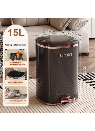 15L Electroplated Dual Layer Waste Bin Plastic Foot Pedal Trash Can with Lid for Kitchen, Living Room, Size S - Black