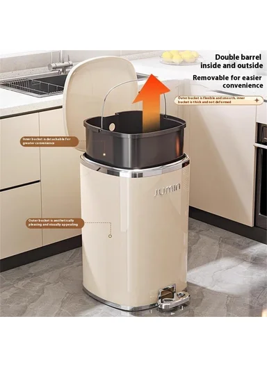 15L Electroplated Dual Layer Waste Bin Plastic Foot Pedal Trash Can with Lid for Kitchen, Living Room, Size S - Cream White