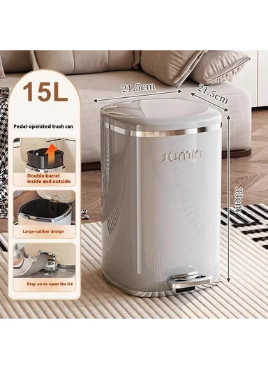15L Electroplated Dual Layer Waste Bin Plastic Foot Pedal Trash Can with Lid for Kitchen, Living Room, Size S - Grey