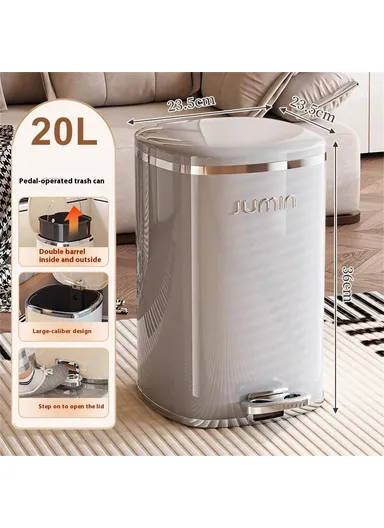 20L Electroplated Dual Layer Waste Bin Plastic Foot Pedal Trash Can with Lid for Kitchen, Living Room, Size L - Grey