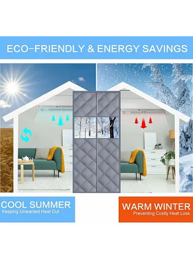 100 x 210cm Magnetic Door Curtain with View Window Self Adhesive Thermal Insulation Doorway Screen for Winter - Coffee