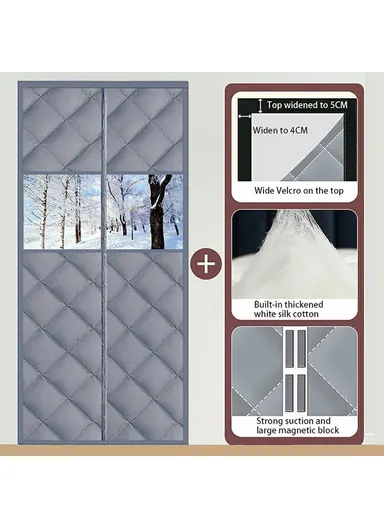100 x 210cm Magnetic Door Curtain with View Window Self Adhesive Thermal Insulation Doorway Screen for Winter - Coffee