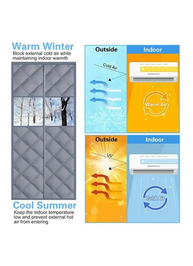 100 x 210cm Magnetic Door Curtain with View Window Self Adhesive Thermal Insulation Doorway Screen for Winter - Grey