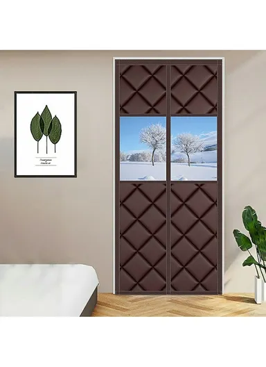 100 x 210cm Magnetic Door Curtain with View Window Self Adhesive Thermal Insulation Doorway Screen for Winter - Grey