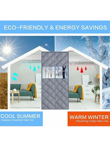 100 x 210cm Magnetic Door Curtain with View Window Self Adhesive Thermal Insulation Doorway Screen for Winter - Grey