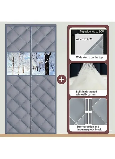 100 x 210cm Magnetic Door Curtain with View Window Self Adhesive Thermal Insulation Doorway Screen for Winter - Grey