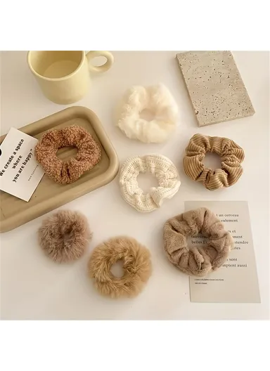 7Pcs Plush Hair Scrunchies, Fabric Elastic Hair Ties Ponytail Holders, Fall &amp; Winter Hair Accessories - Grey