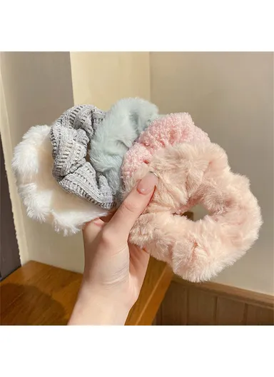 7Pcs Plush Hair Scrunchies, Fabric Elastic Hair Ties Ponytail Holders, Fall &amp; Winter Hair Accessories - Pink