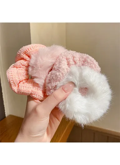 7Pcs Plush Hair Scrunchies, Fabric Elastic Hair Ties Ponytail Holders, Fall &amp; Winter Hair Accessories - Pink