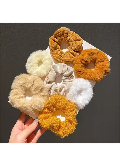 7Pcs Plush Hair Scrunchies, Fabric Elastic Hair Ties Ponytail Holders, Fall &amp; Winter Hair Accessories - Yellow