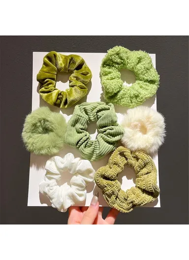 7Pcs Plush Hair Scrunchies, Fabric Elastic Hair Ties Ponytail Holders, Fall &amp; Winter Hair Accessories - Green