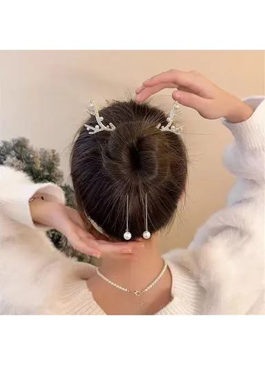 Antlers Bun Hair Claw with Tassel Hair Barrette Rhinestones Decor, High Ponytail Clip - White