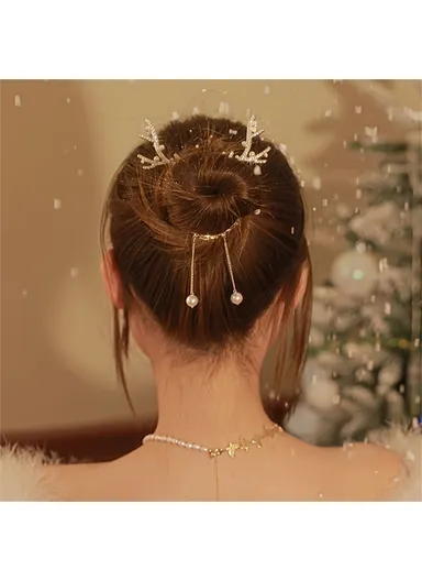 Antlers Bun Hair Claw with Tassel Hair Barrette Rhinestones Decor, High Ponytail Clip - White