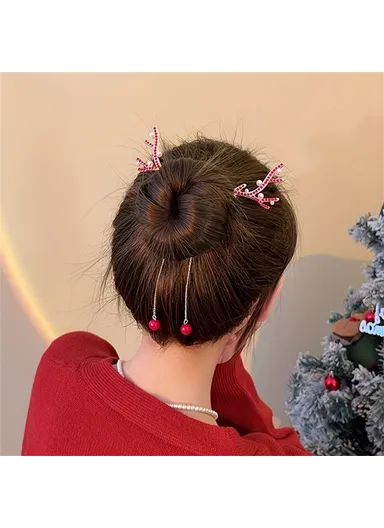 Antlers Bun Hair Claw with Tassel Hair Barrette Rhinestones Decor, High Ponytail Clip - White
