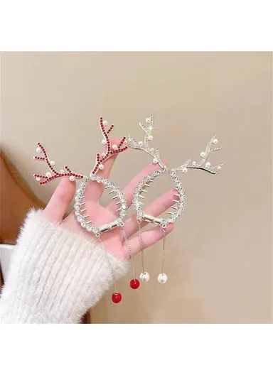 Antlers Bun Hair Claw with Tassel Hair Barrette Rhinestones Decor, High Ponytail Clip - White