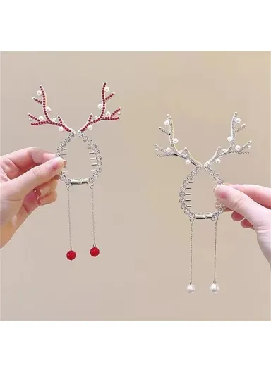 Antlers Bun Hair Claw with Tassel Hair Barrette Rhinestones Decor, High Ponytail Clip - White