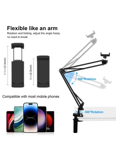 Foldable Suspension Arm Phone Holder 360 Degree Rotation Desk Mount for Smartphones Up to 6.8 Inch PU650B