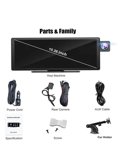  2K Front + 1080P Rear Dual Lens 10.26 Inch Bluetooth-compatible CarPlay, Car Dash ,Cam AHD Camera with 2 Brackets R5026