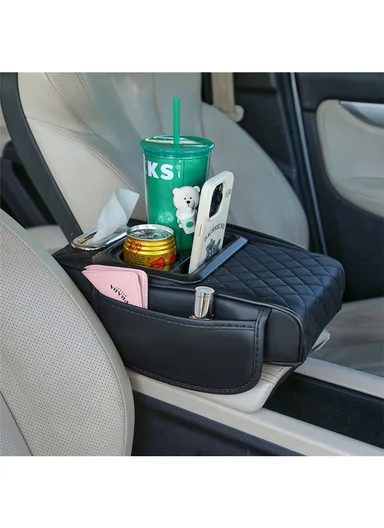 Universal Car Armrest Pad Storage Organizer, PU Leather Tissue Box Central Cup Holder - Black