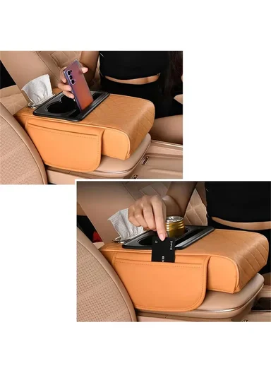 Universal Car Armrest Pad Storage Organizer, PU Leather Tissue Box Central Cup Holder - Black