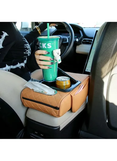 Universal Car Armrest Pad Storage Organizer, PU Leather Tissue Box Central Cup Holder - Black