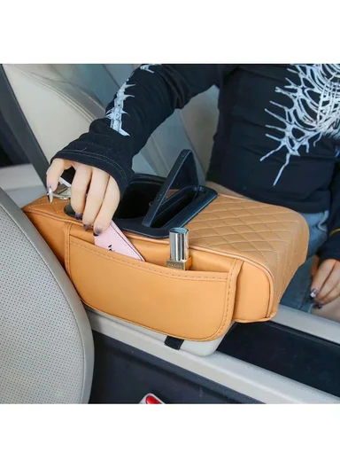 Universal Car Armrest Pad Storage Organizer, PU Leather Tissue Box Central Cup Holder - Black