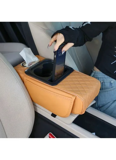 Universal Car Armrest Pad Storage Organizer, PU Leather Tissue Box Central Cup Holder - Black