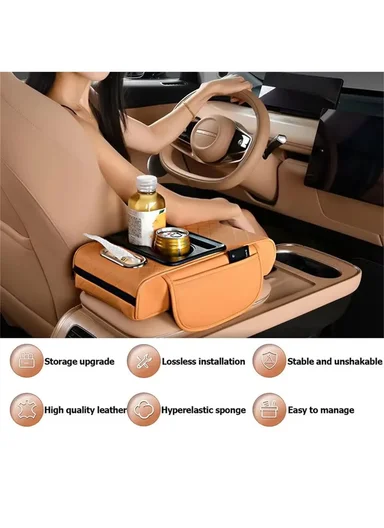 Universal Car Armrest Pad Storage Organizer, PU Leather Tissue Box Central Cup Holder - Black