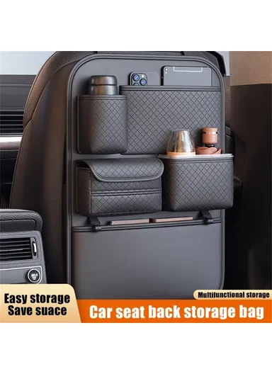 Car Seat Back Organizer Rhombus Texture PU Leather, Multi-Pocket Storage Bag for Water Bottle  /  Umbrella Holder