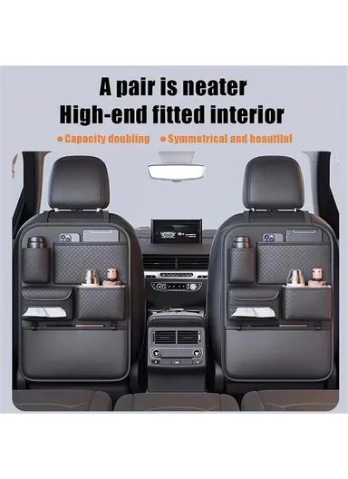 Car Seat Back Organizer Rhombus Texture PU Leather, Multi-Pocket Storage Bag for Water Bottle  /  Umbrella Holder