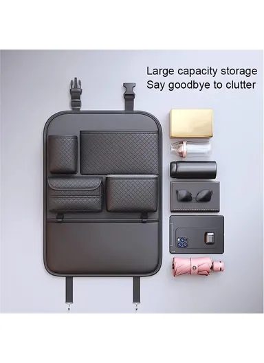 Car Seat Back Organizer Rhombus Texture PU Leather, Multi-Pocket Storage Bag for Water Bottle  /  Umbrella Holder