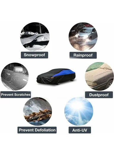 Waterproof Outdoor Car Cover for Sedan SUV Hatchback, UV Protection Cover with Reflective Strips - Black &amp; Blue / L