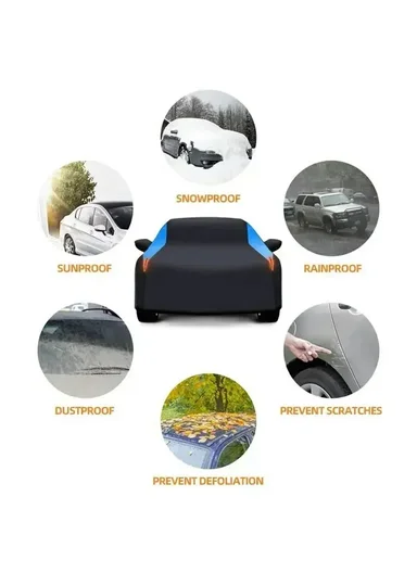Waterproof Outdoor Car Cover for Sedan SUV Hatchback, UV Protection Cover with Reflective Strips - Black &amp; Blue / L