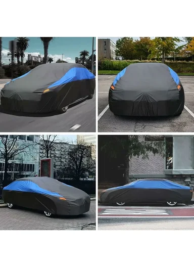 Waterproof Outdoor Car Cover for Sedan SUV Hatchback, UV Protection Cover with Reflective Strips - Black &amp; Blue / L