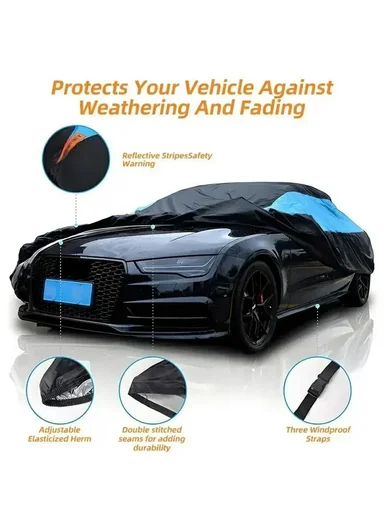 Waterproof Outdoor Car Cover for Sedan SUV Hatchback, UV Protection Cover with Reflective Strips - Black &amp; Blue / L