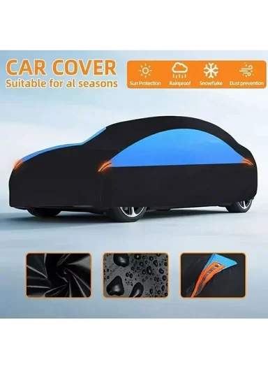 Waterproof Outdoor Car Cover for Sedan SUV Hatchback, UV Protection Cover with Reflective Strips - Black &amp; Blue / L